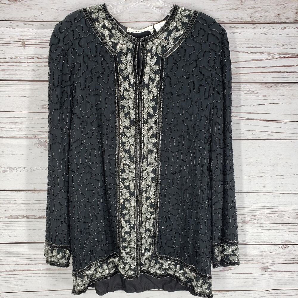 Night Vogue 100%Silk Black Beaded Silver Sequins Long Evening Top Size M